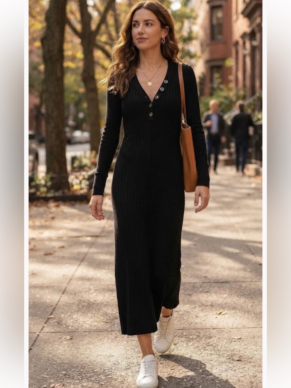 FP Beach Black Ribbed Long-Sleeve Maxi Dress with V-Neck Button Detail